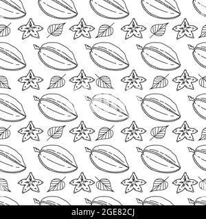 Beautiful vector seamless background with carambola. Pattern with tropical fruits black-white. Stock Vector