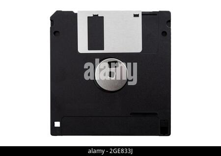 Obsolete data storage technology, retro digital medium and nostalgia concept with a tilted floppy disk isolated on white background facing the back si Stock Photo