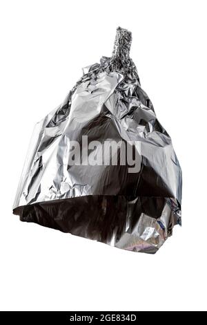 Conspiracy theories, mad pseudoscience and humorous joke concept with tin foil hat isolated on white background with clipping path cutout using ghost