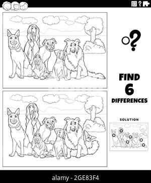 Black and white cartoon illustration of finding the differences between pictures educational game for children with purebred dogs comic animal charact Stock Vector