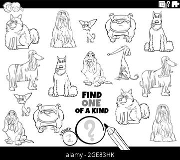 Black and white cartoon illustration of find one of a kind picture educational game with dogs animal characters breeds coloring book page Stock Vector