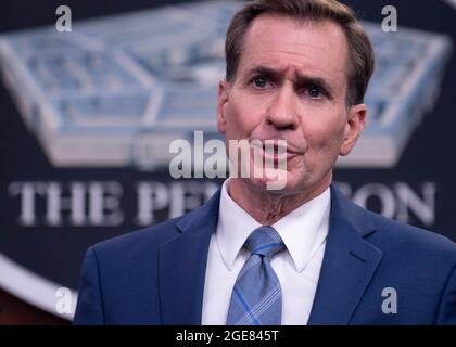 Arlington, United States Of America. 16th Aug, 2021. Pentagon Press Secretary John Kirby speaks at a press briefing on Afghanistan at the Pentagon August 16, 2021 in Arlington, Virginia. Credit: Planetpix/Alamy Live News Stock Photo