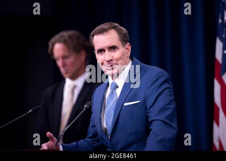 Arlington, United States Of America. 16th Aug, 2021. Pentagon Press Secretary John Kirby speaks at a press briefing on Afghanistan at the Pentagon August 16, 2021 in Arlington, Virginia. Credit: Planetpix/Alamy Live News Stock Photo