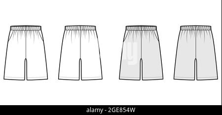 Shorts Sport training Bermuda technical fashion illustration with elastic low waist, rise, Relaxed fit, mid-thigh length. Flat bottom apparel front, back, white grey color. Women men unisex CAD mockup Stock Vector