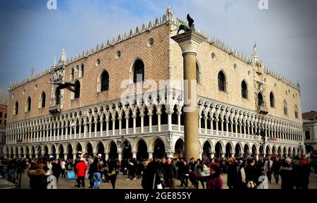 VENICE, ITALY - Feb 09, 2016: The Exterior view of the Doge's Palace, built in Venetian Gothic Style, in the city of Venice, Italy. Stock Photo