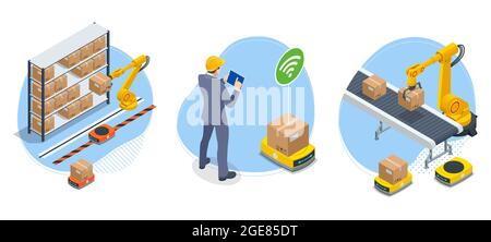 Isometric yellow robotic arm carry cardboard box in warehouse. Automated warehouse. Autonomous robot transportation in warehouses Stock Vector