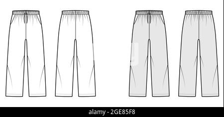 Pull-On Pants Sport technical fashion illustration with elastic low waist,  rise, drawstrings, pockets, ankle length. Flat bottom apparel template  front, back, white grey color. Women unisex CAD mockup Stock Vector Image 