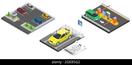 Isometric City parking lot with a set of different cars. Public car-park. Car in the parking lot and Parking tickets. Stock Vector