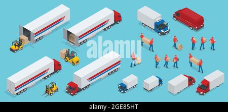 Isometric Logistics icons set of different transportation distribution vehicles, delivery elements. Cargo transport isolated on white background. Stock Vector