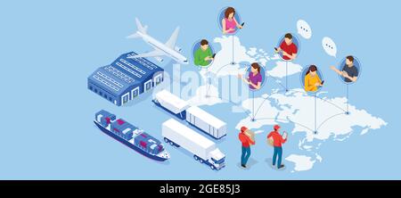 Global logistics network. Isometric Logistics and Delivery Infographics. Delivery home and office. Online order and purchase of goods around the world Stock Vector
