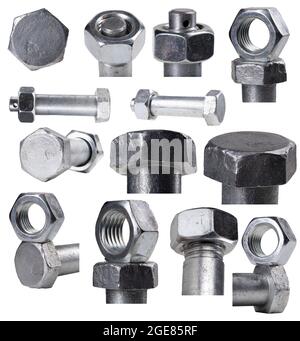 Metal bolt and nut for connecting machine parts. Accessories used in a mechanical workshop. Isolated background. Stock Photo