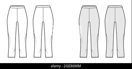 Bike shorts Leggings technical fashion illustration with natural waist, high rise, calf length. Flat sport pants, trousers apparel template front, back, white, grey color. Women, men unisex CAD mockup Stock Vector