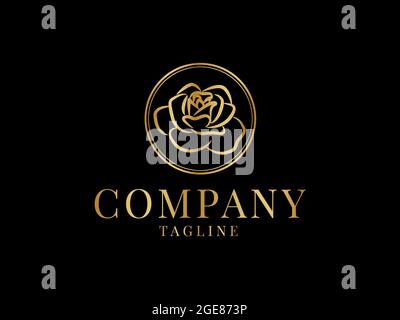 Elegant Gold Rose Flower Logo Design on Black Background Stock Vector