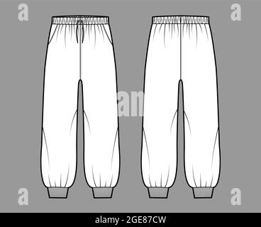 Shorts Sweatpants technical fashion illustration with elastic cuffs, low waist, rise, drawstrings, midi ankle length. Flat training joggers template front, back, white color. Women men unisex mockup Stock Vector