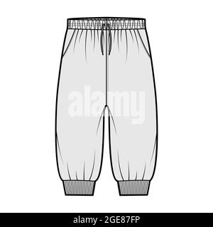 Shorts Sweatpants technical fashion illustration with elastic cuffs, low waist, rise, drawstrings, knee length. Flat joggers trousers apparel template front, grey color. Women men unisex CAD mockup Stock Vector
