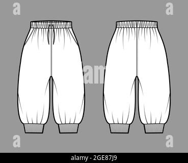 Shorts Sweatpants technical fashion illustration with elastic cuffs, high rise, drawstrings, knee length. Flat training joggers trousers template front, back, white color. Women men unisex CAD mockup Stock Vector