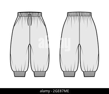 Shorts Sweatpants technical fashion illustration with elastic cuffs, normal waist, drawstrings, knee length. Flat training joggers trousers template front back, grey color. Women men unisex CAD mockup Stock Vector