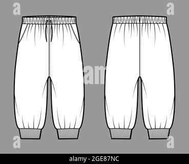 Shorts Sweatpants technical fashion illustration with elastic cuffs, low waist, rise, drawstrings, knee length. Flat training joggers trousers template front, back, white color. Women men CAD mockup Stock Vector