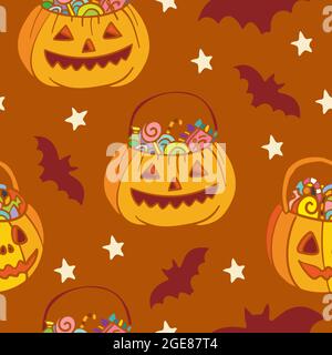 Vector seamless pattern for Halloween. Pumpkins with sweets, bats and stars. Halloween theme. Bright cartoon pattern for Halloween. For print, design, Stock Vector