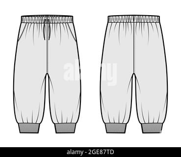 Shorts Sweatpants technical fashion illustration with elastic cuffs, low waist, rise, drawstrings, knee length. Flat training joggers trousers apparel template front, back grey color. Women men mockup Stock Vector