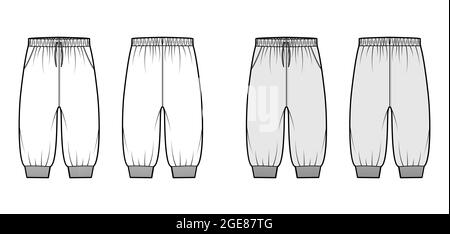 Shorts Sweatpants technical fashion illustration with low waist, rise, drawstrings, knee length. Flat training joggers trousers apparel template front, back, white grey color. Women unisex CAD mockup Stock Vector