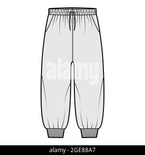 Shorts Sweatpants technical fashion illustration with elastic cuffs, low waist, rise, drawstrings, calf length. Flat joggers trousers apparel template front, grey color. Women men unisex CAD mockup Stock Vector