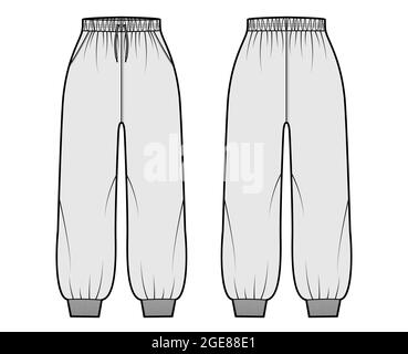 Shorts Sweatpants technical fashion illustration with elastic cuffs, normal waist, high rise, drawstrings, midi ankle length. Flat joggers trousers template front, back, grey color. Women men unisex Stock Vector