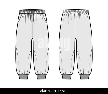 Shorts Sweatpants technical fashion illustration with elastic cuffs, low waist, rise, drawstrings, calf length. Flat training joggers trousers apparel template front, back grey color. Women CAD mockup Stock Vector