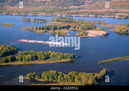 Sunrise aerial image over a barge on the MIssissippi River, Prairie du Chien, Crawford County, Wisconsin on a beautiful morning. Stock Photo