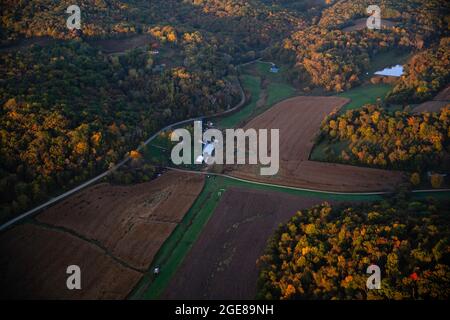 Sunrise aerial image over Iowa County, Wisconsin on a beautiful morning. Stock Photo