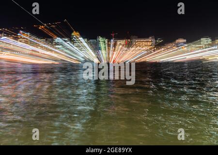 Abstract Wellington urban night lights across harbor in zoom blur photographic effect Stock Photo