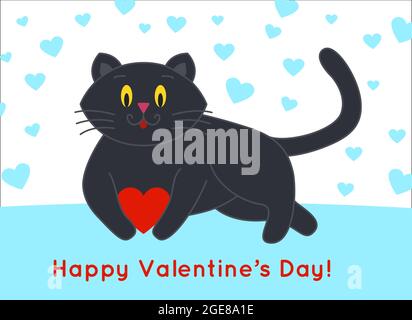 Cat funny cute fat black lies and holds a red heart in its paws. On the background there are symmetrical blue hearts. Congratulatory card with the text Happy Valentines Day. Poster and banner Stock Vector