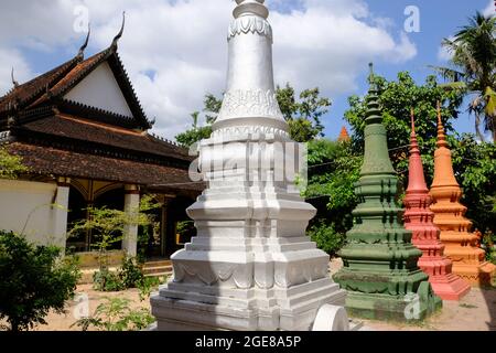 Cambodia Krong Siem Reap - Wat Bo colorful Stupa towers Stock Photo