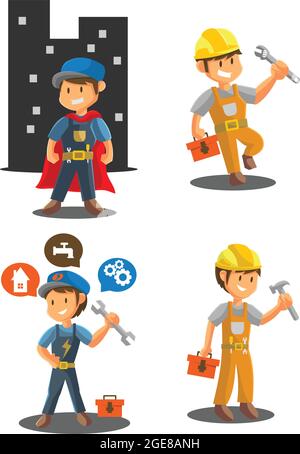 Repair man worker Mechanic workshop emblem badge Mascot illustration Set Stock Vector