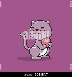 Cute Cat Standing Holding Heart Love Cartoon Stock Vector