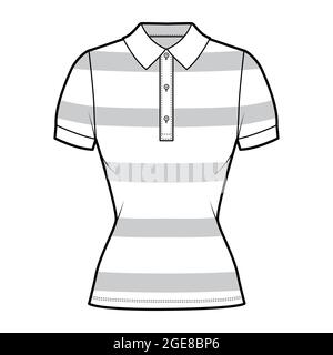 Shirt rugby stripes technical fashion illustration with short sleeves, tunic length,, fitted body, henley polo collar. Apparel top outwear template front, white color style. Women, men, unisex mockup Stock Vector