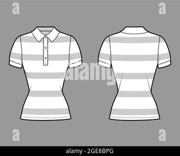 Shirt rugby stripes technical fashion illustration with short sleeves, tunic length,, fitted body, henley polo collar. Apparel top outwear template front, white color style. Women, unisex CAD mockup Stock Vector