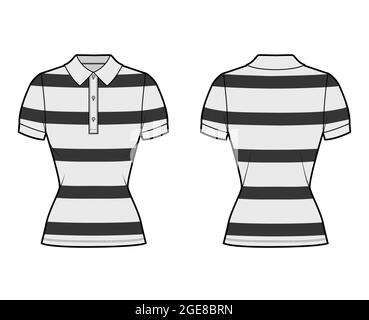 Shirt rugby stripes technical fashion illustration with short sleeves, tunic, fitted body, henley polo collar. Apparel top outwear template front, back, grey color style. Women, men, unisex CAD mockup Stock Vector