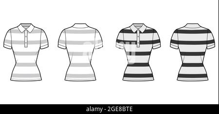 Shirt rugby stripes technical fashion illustration with short sleeves, tunic length,, fitted body, henley polo collar. Apparel template front, back, white, grey color style. Women, unisex CAD mockup Stock Vector