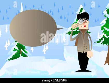 Funny cartoon man dressed for winter holding a magnifying glass. Vector illustration. Stock Vector