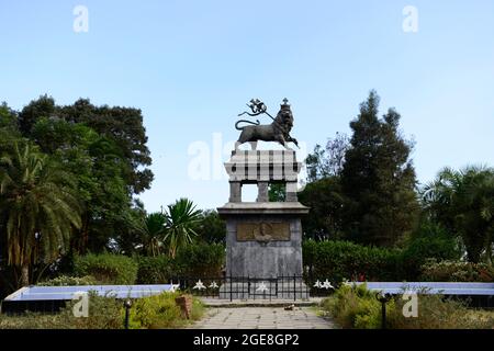 Lion of Judah statue at the Ethiopia-Djibouti railway station Addis Ababa Ethiopia. Stock Photo