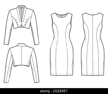 Set of bolero Suit - classic sheath dress, crop jacket technical fashion illustration with two - pieces, single breasted. Flat apparel template front, back, white color. Women, men, unisex CAD mockup Stock Vector