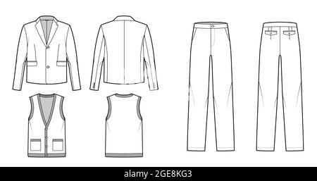 Set of cardigan Suit - classic Pant, jackets, knit vest technical fashion illustration with three - pieces, single breasted. Flat apparel template front, back, white color style. Women, men unisex CAD Stock Vector