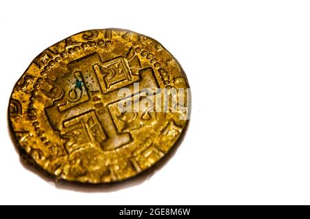 A replica of a 1736 Spanish doubloon is displayed at Fort Gaines