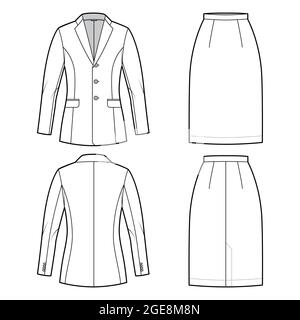 Set of skirt Suit with classic jacket technical fashion illustration with two - piece, single breasted, fitted body. Flat apparel template front, back, white color style. Women, men, unisex CAD mockup Stock Vector