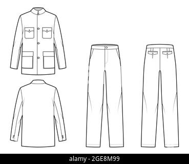 Set of Mao Suit tunic classic Pant and jacket technical fashion illustration with two - piece, single breasted, oversized. Flat apparel template front, back, white color. Women, men, unisex CAD mockup Stock Vector