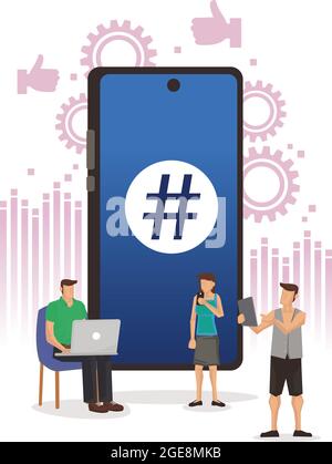 Smartphone with hashtag sign, people and social networks. Vector illustration, Stock Vector