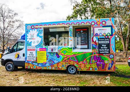 Colouurful Iveco snack food truck at Tamworth multicultural food festival. Stock Photo