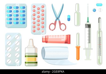 Medicines set. Illustration with pills spray, bandage ointment syringe, thermometer and pipette. Medicinal drugs Pharmaceuticals. Ambulance. Pharmacy. Stock Vector