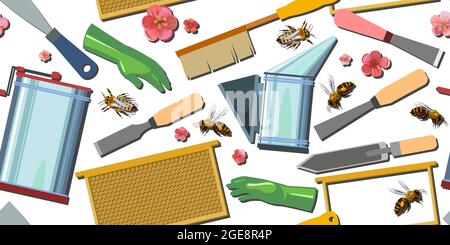 Beekeeping equipment. Horizontal seamless pattern. Honey extractor and smoker. Stamens, knives and brushes. Frame without wax and honeycomb. Gloves, b Stock Vector